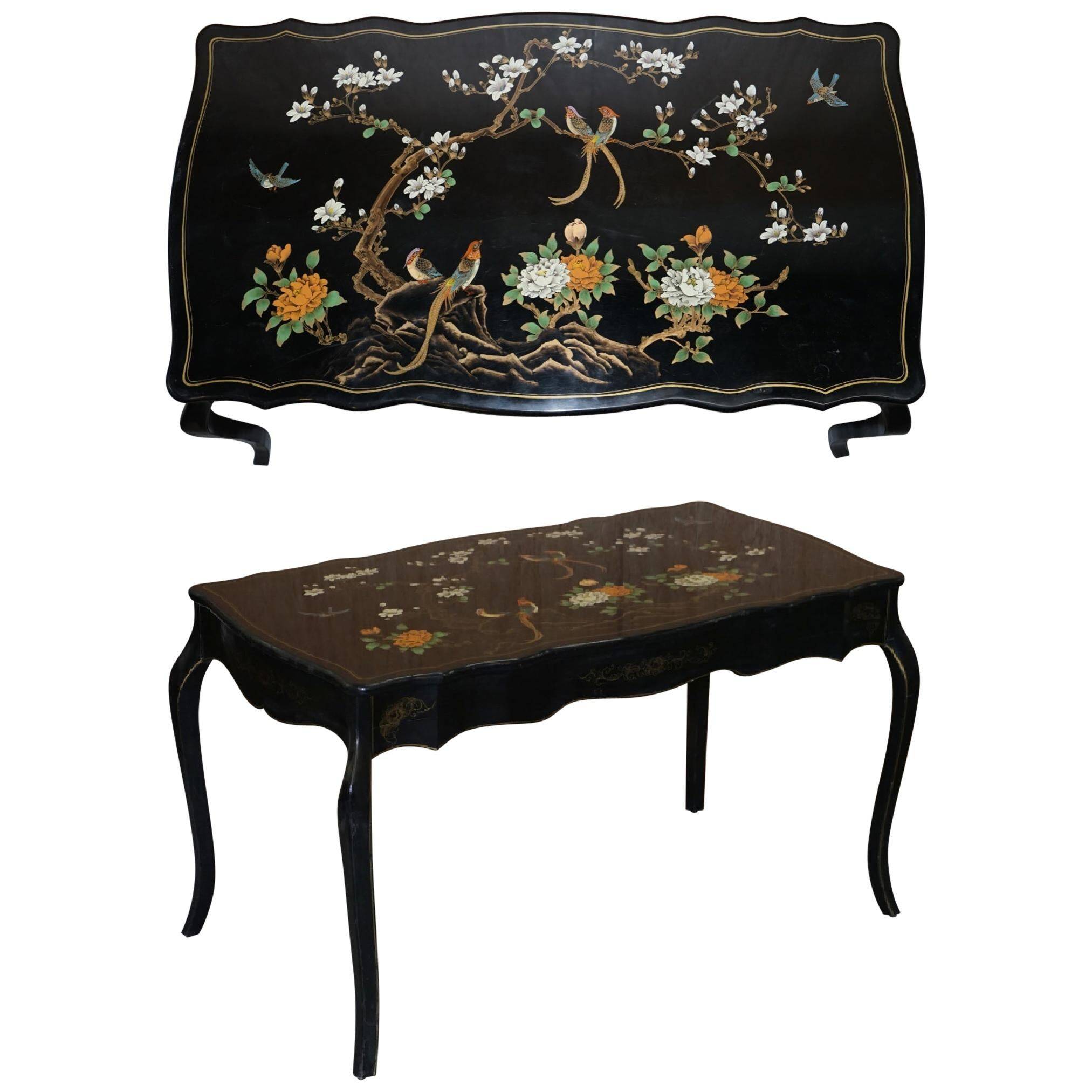 Bureau d'écriture vintage peint polychrome laqué noir avec oiseaux et fleurs