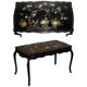 Bureau d'écriture vintage peint polychrome laqué noir avec oiseaux et fleurs