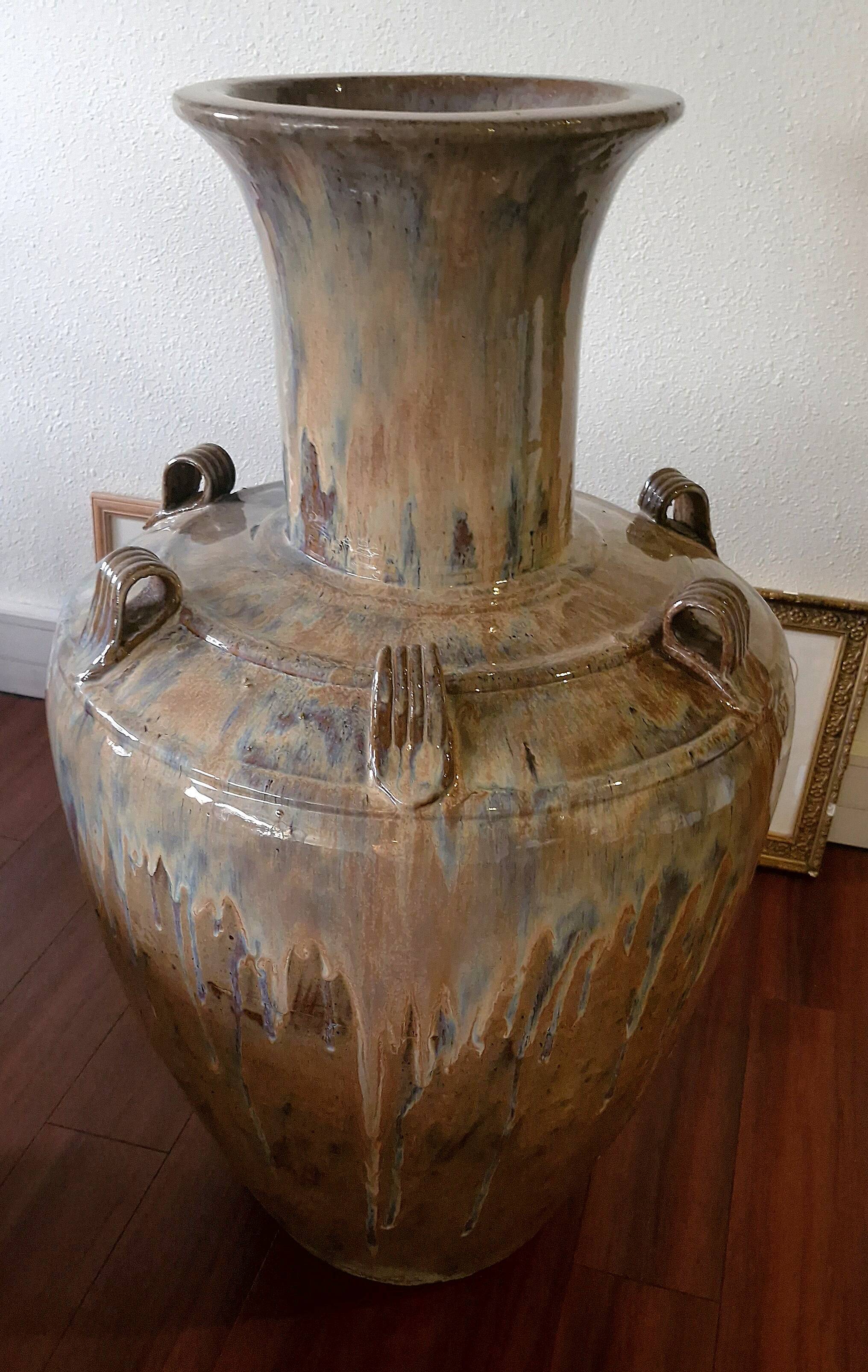 Large handled jar in glazed terracotta