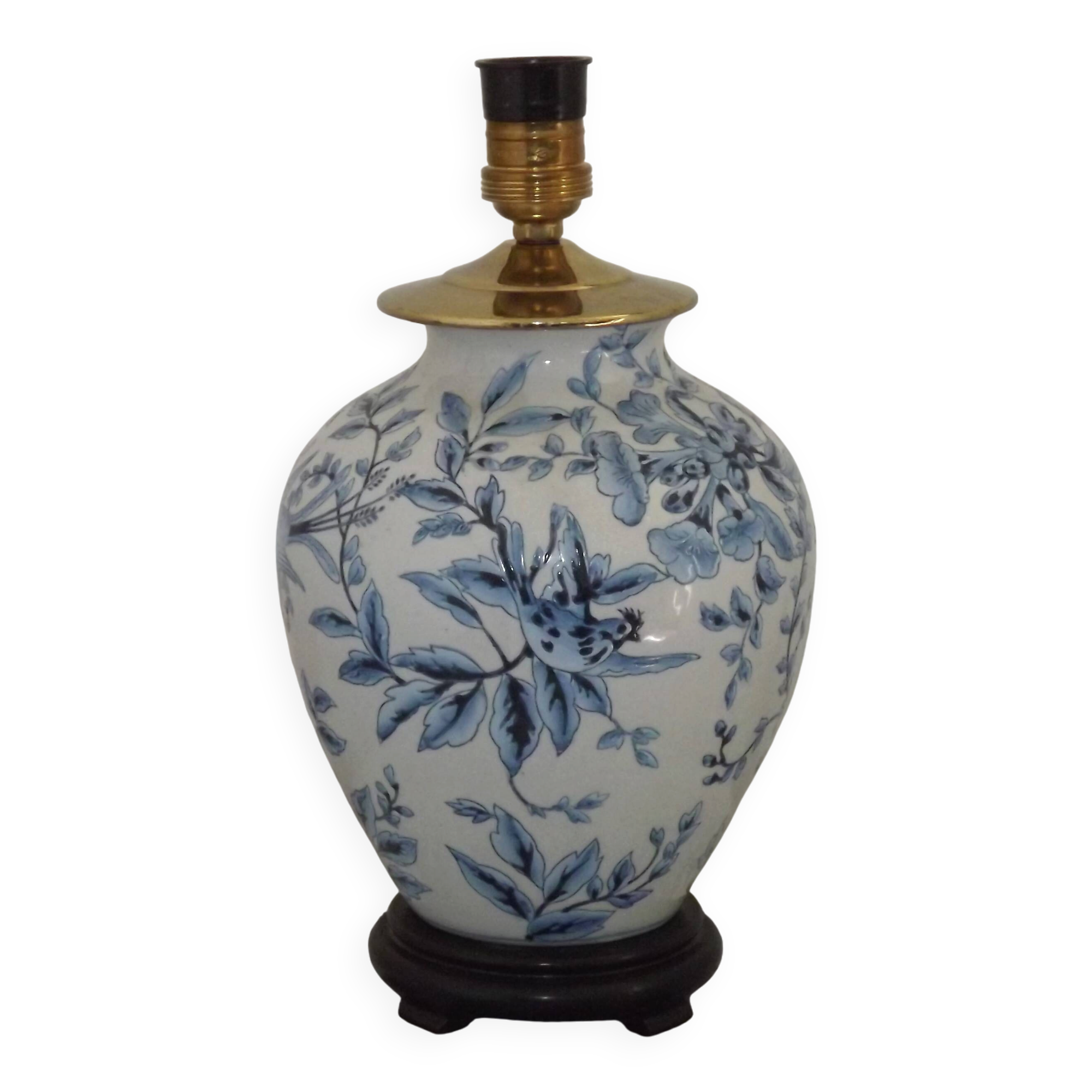 Blue & White Chinoiserie Ginger Jar Table Lamp Raised Bird & Floral Moti