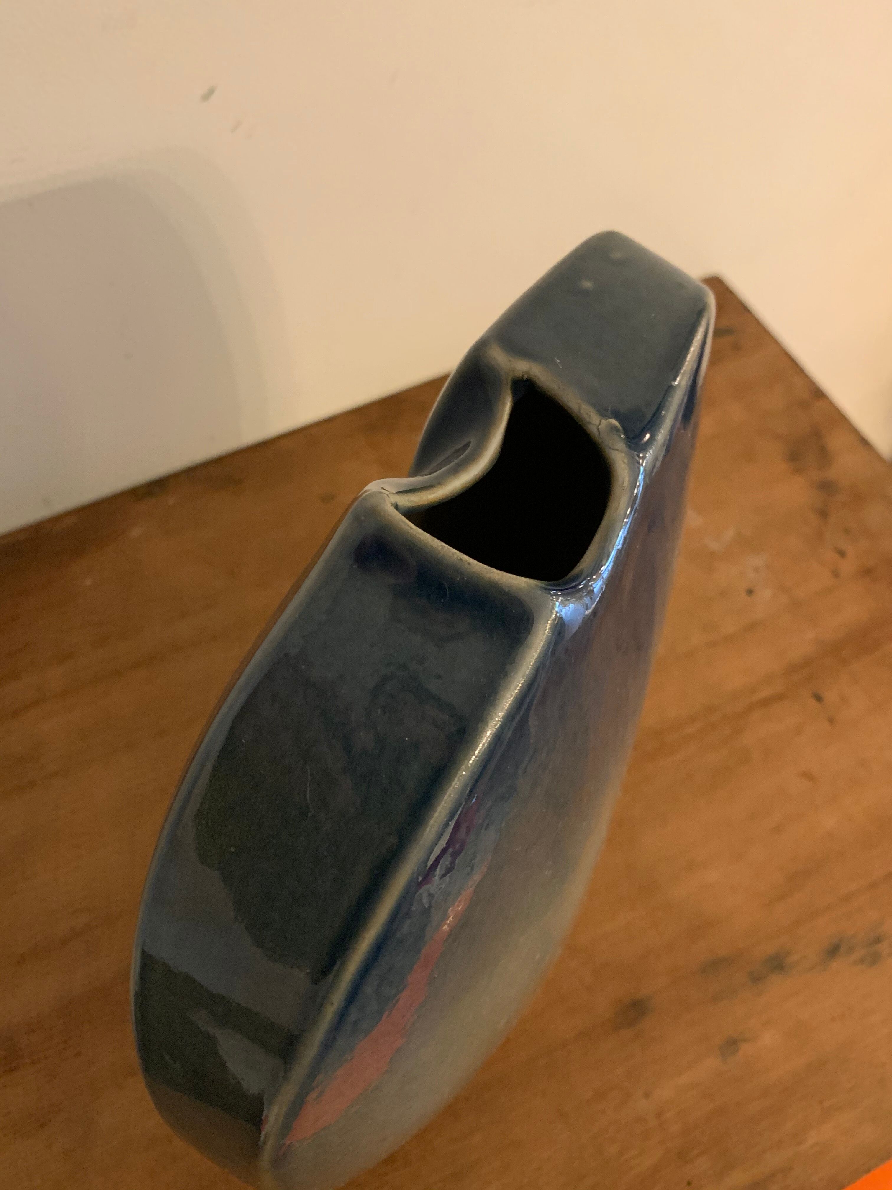 Yves Mohy grey porcelain blue lens vase for Virebent 1970