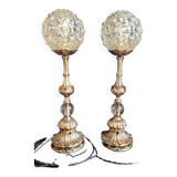 Magnificent pair of table lamps in silver-plated bronze and vintage glassware