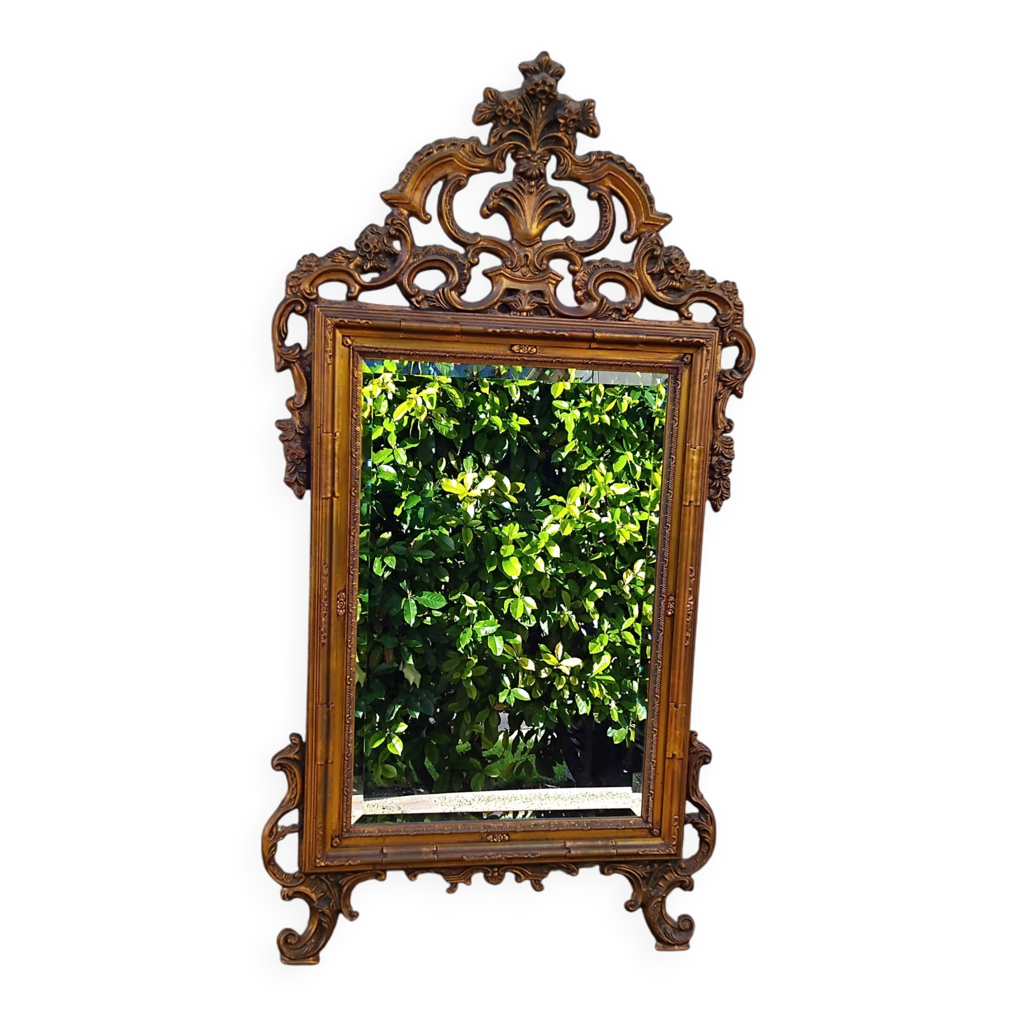 Old large Louis XV style mirror, stucco, wood, resin, beveled