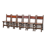 Set of 6 dining chairs in wood and brown leather, late 19th century