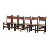 Set of 6 dining chairs in wood and brown leather, late 19th century
