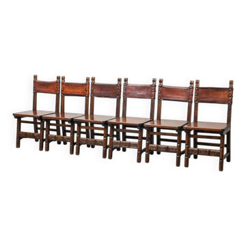 Set of 6 dining chairs in wood and brown leather, late 19th century