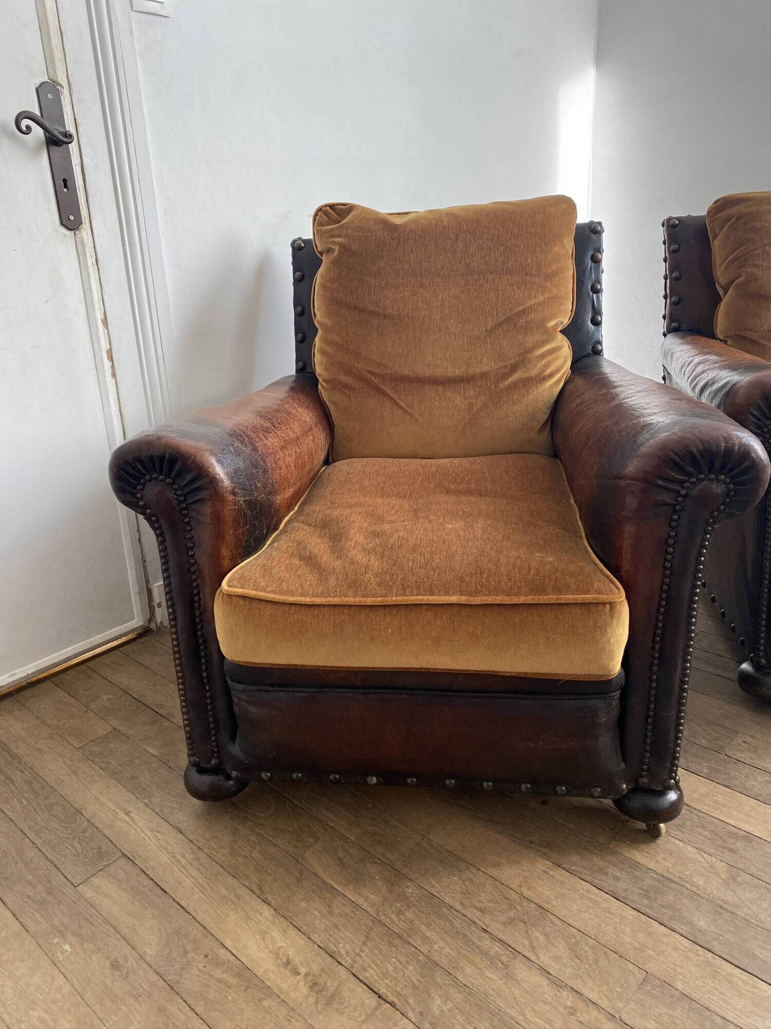 Pair of english leather club armchairs 1930 30 art deco