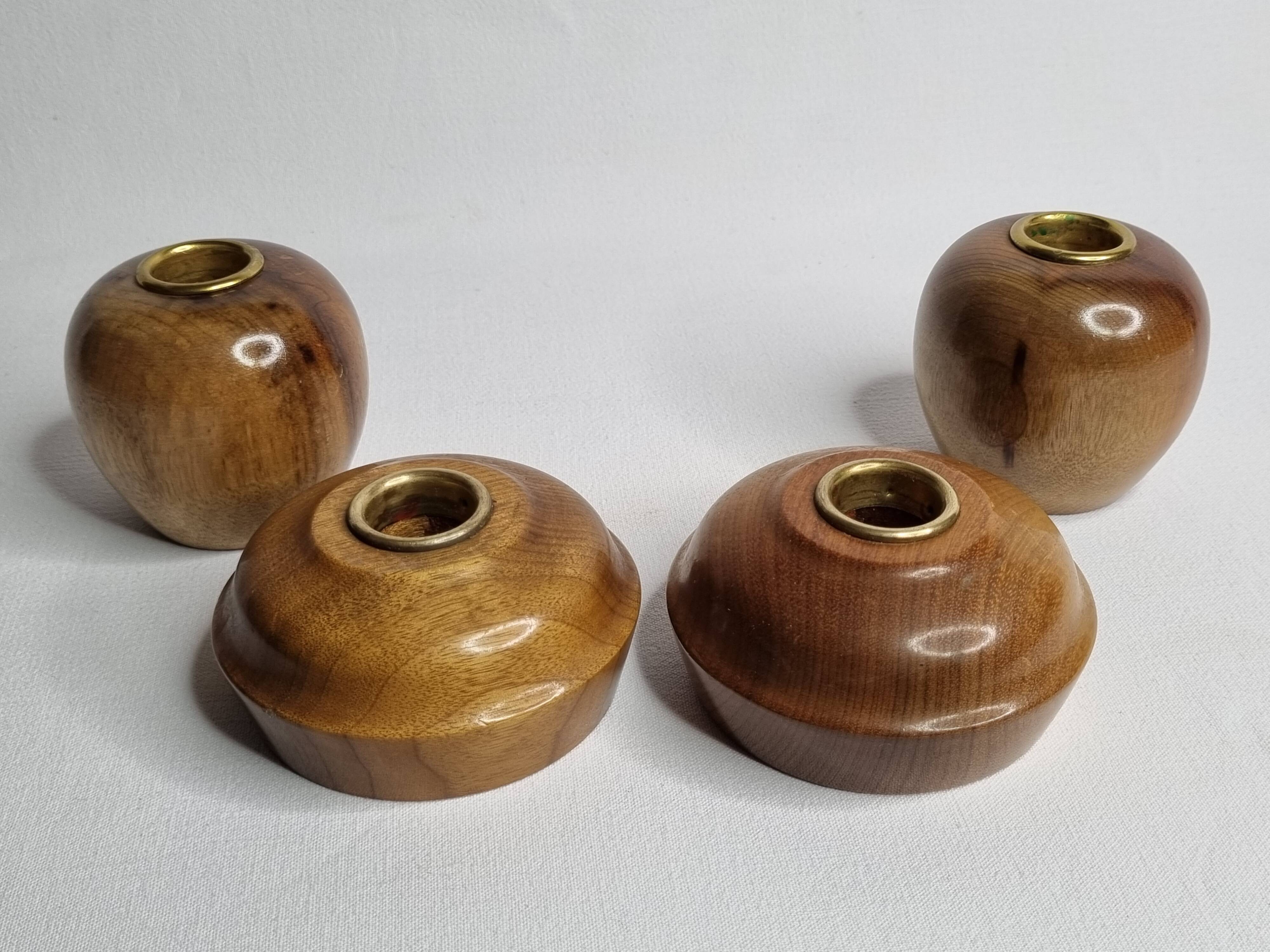 Set of 4 Myrtle Wood Candle Holders with Brass Inserts, Made in Port Orford, Oregon