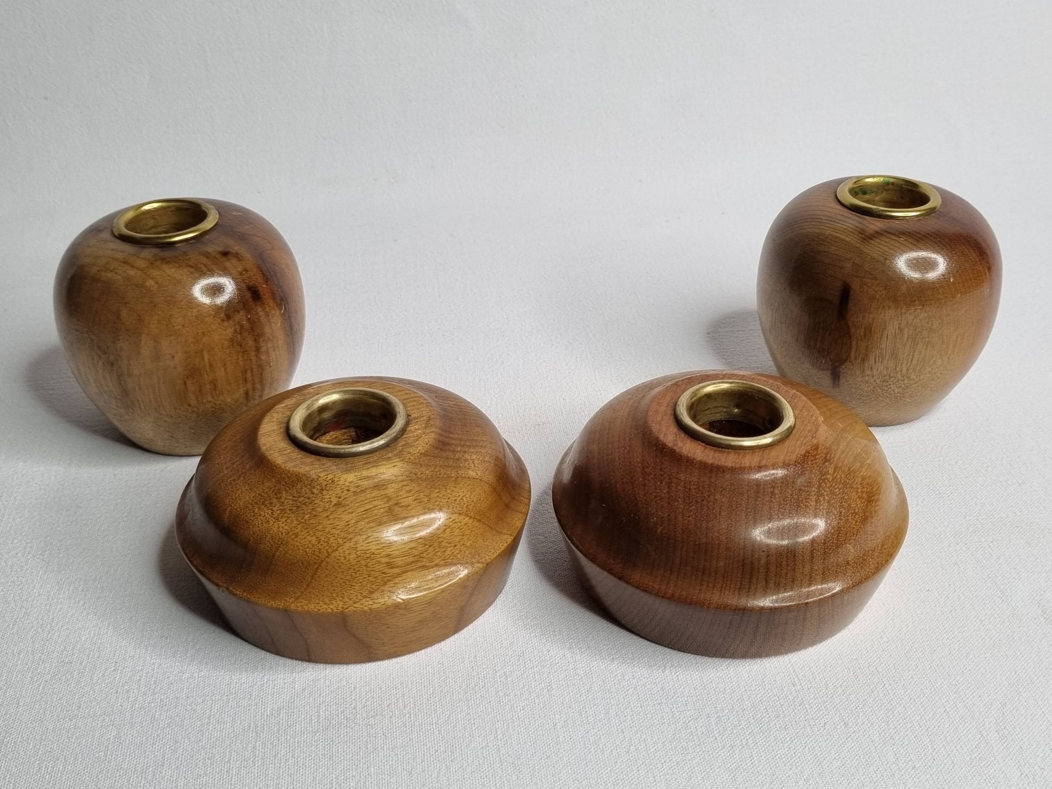 Set of 4 Myrtle Wood Candle Holders with Brass Inserts, Made in Port Orford, Oregon