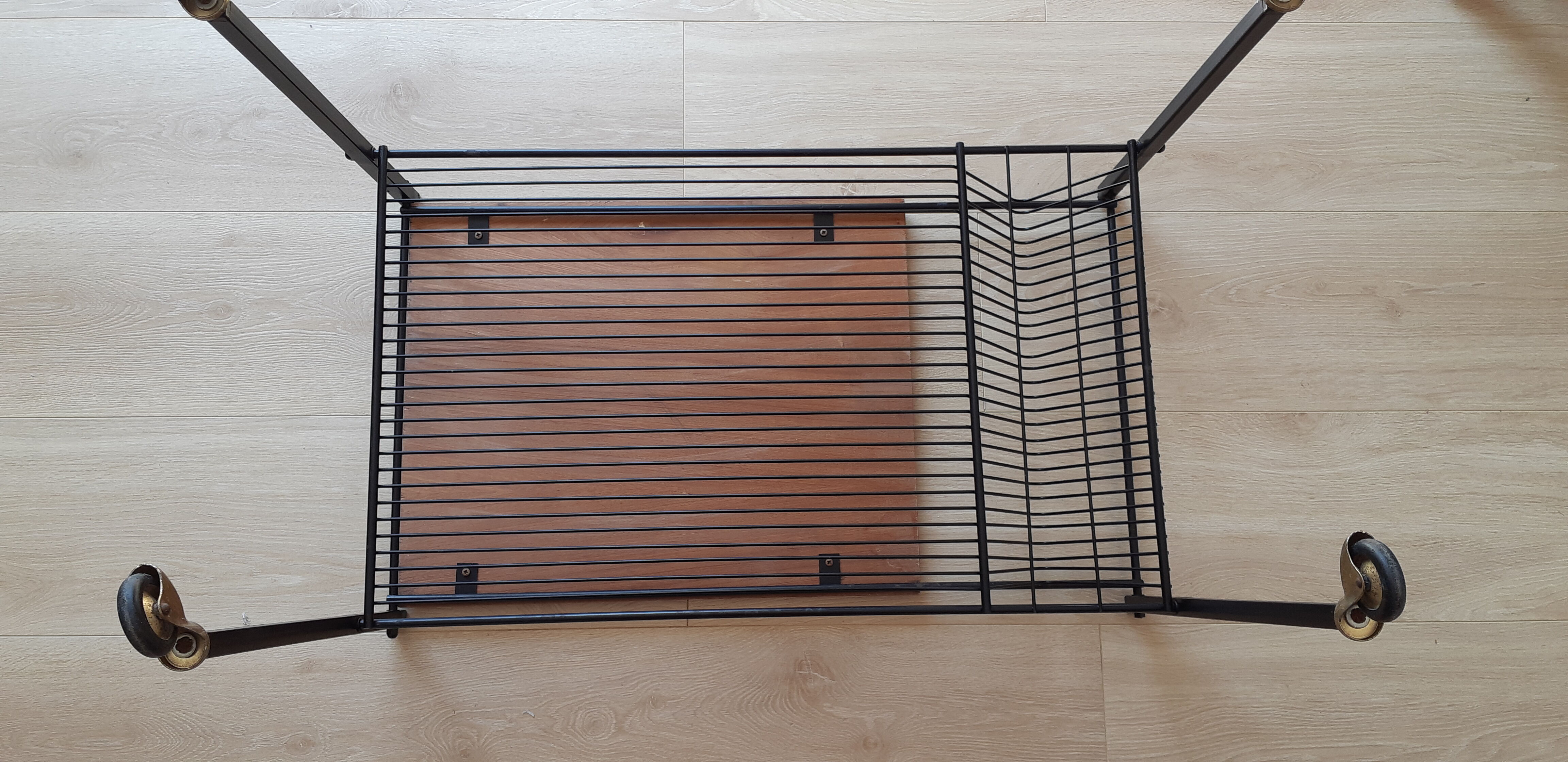 Table has record player, wearing vintage discs