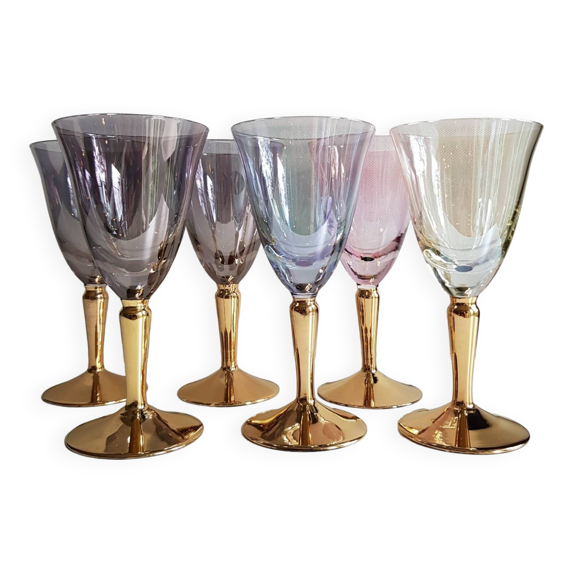 Ensemble de 6 verres à vin à tige en or irisé arlequin du milieu du siècle