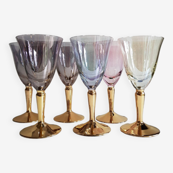 Ensemble de 6 verres à vin à tige en or irisé arlequin du milieu du siècle