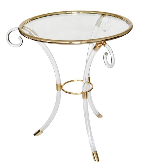 Guéridon en lucite et laiton doré Hollywood Regency