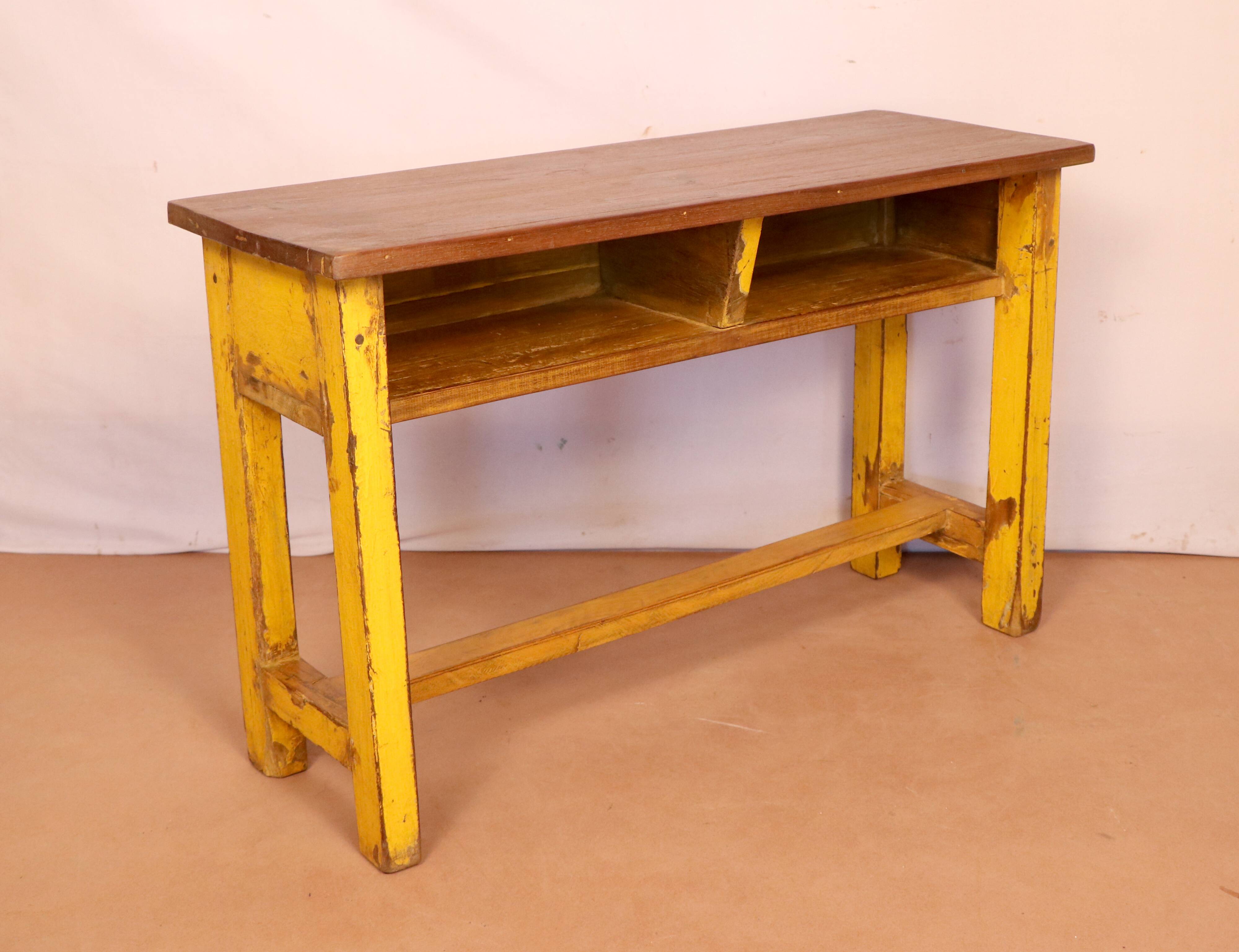 Old set desk and school chair in original yellow teak Burmese patina