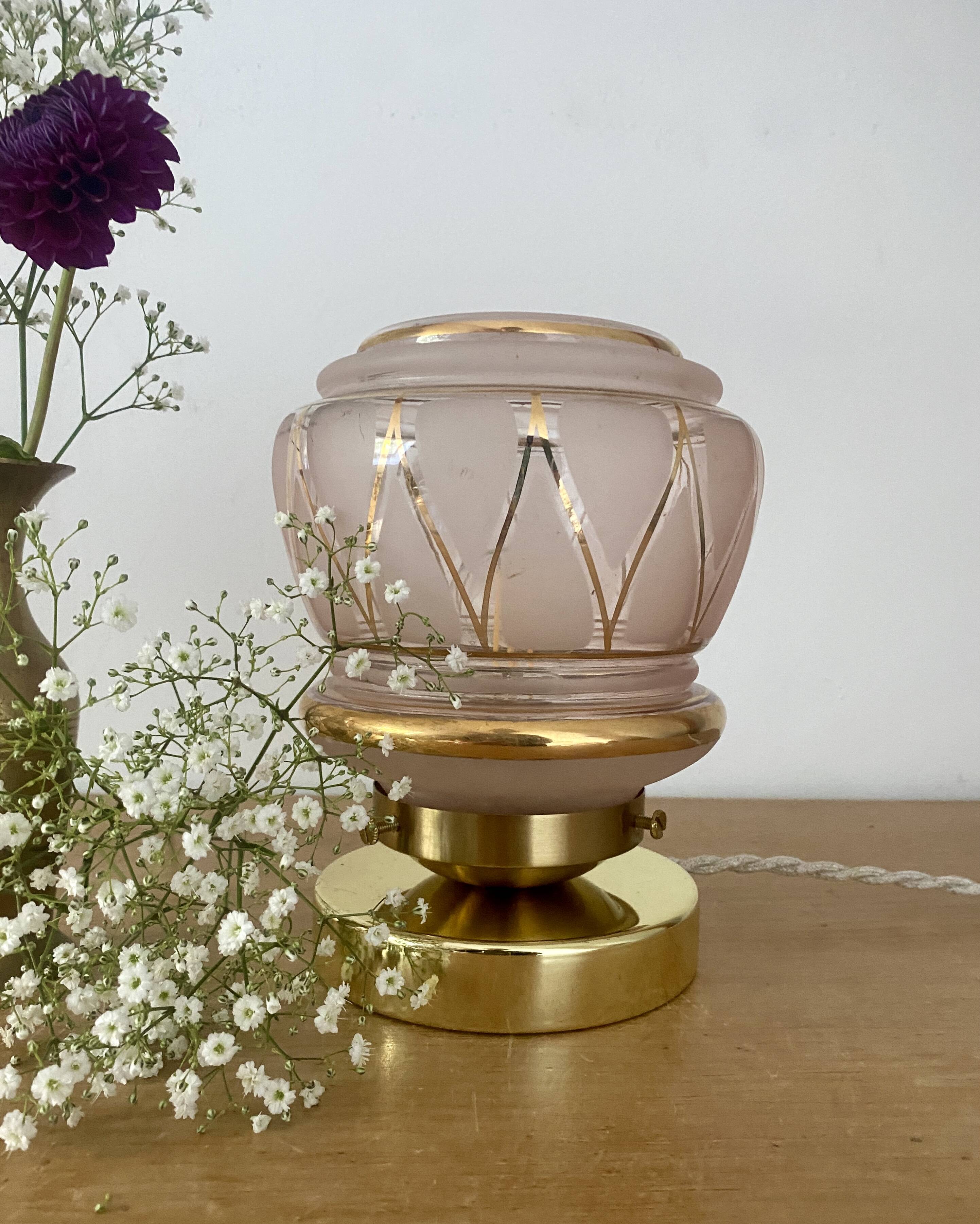 Vintage art deco globe table lamp in pink and gold glass