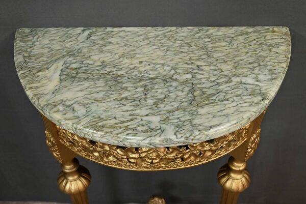 Petite Console Demi-lune en Marbre et Bois doré, style Louis XVI – XXe
