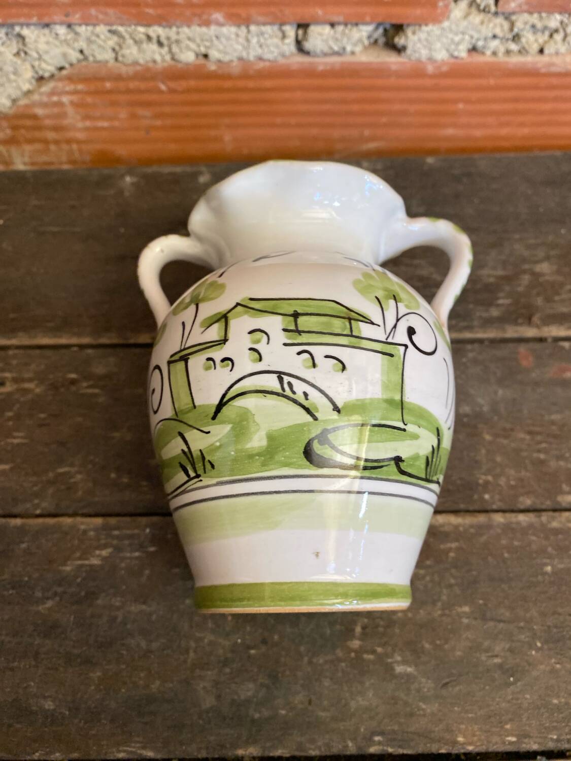 Vintage White Ceramic Vase with Green Landscape Decor from the 1970s