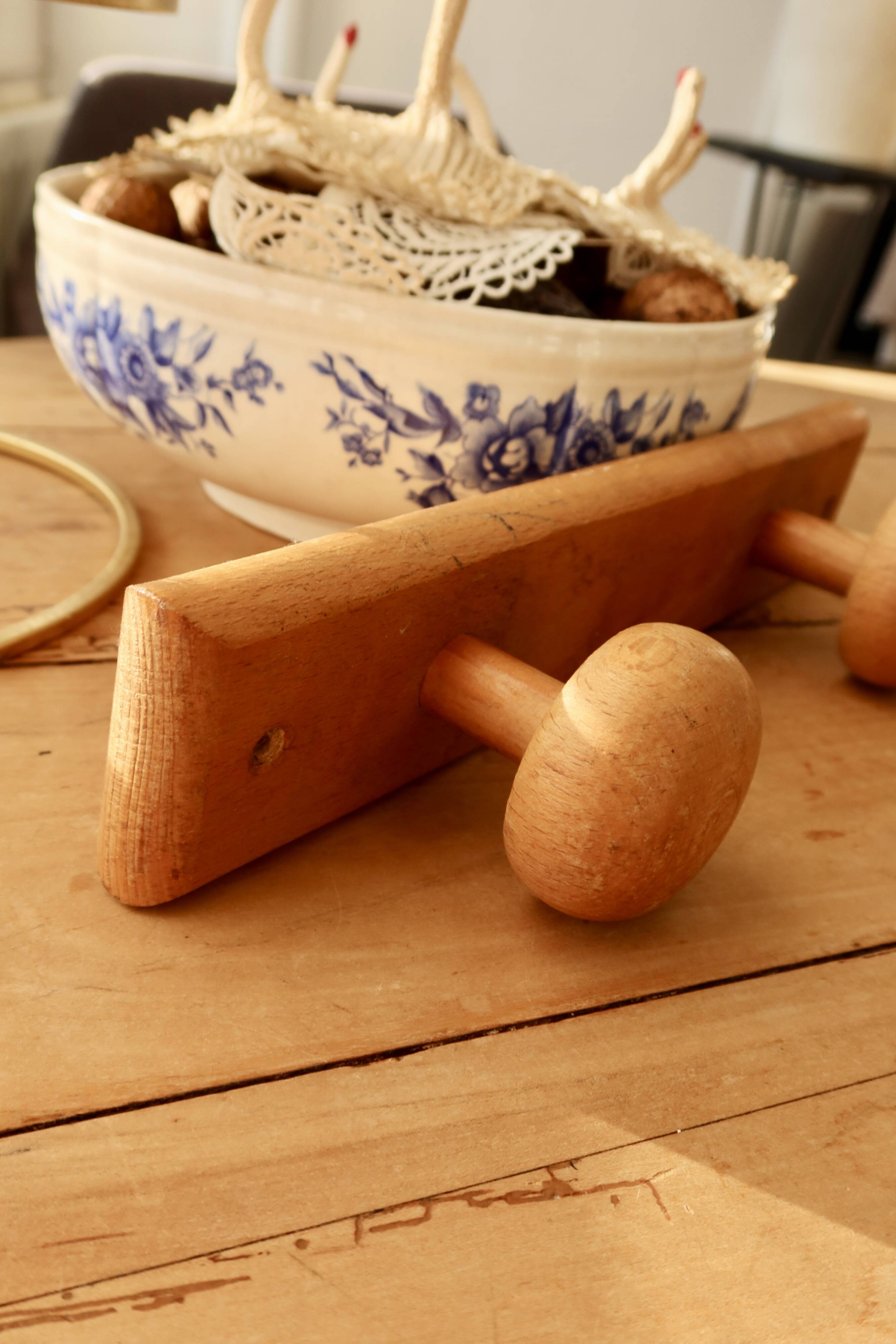 Vintage wall coat rack in pine with 2 hooks.