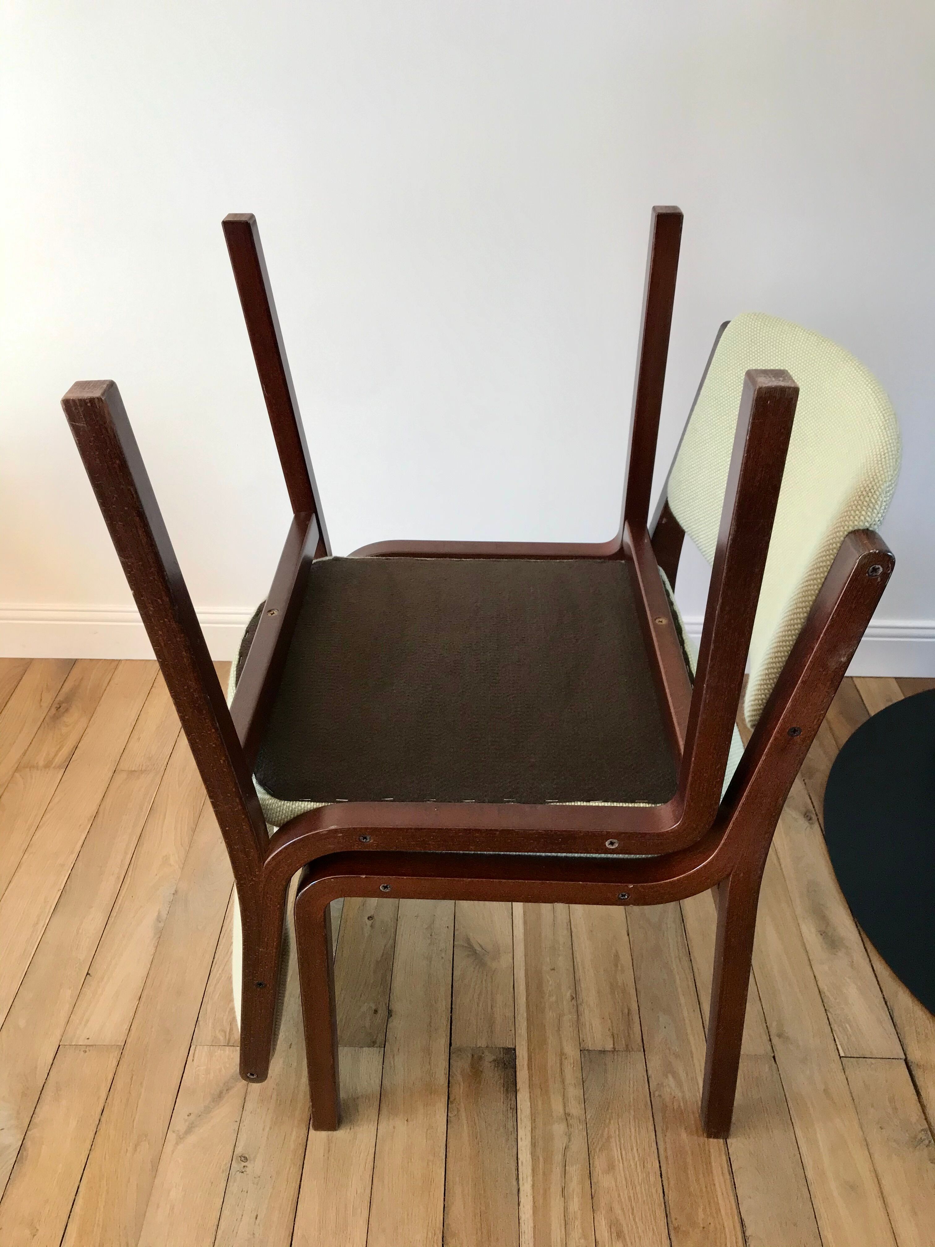 Pair of wooden armchairs and green and ecru fabrics 70s