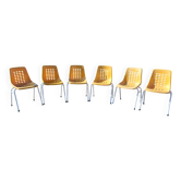 6 vintage iron and orange plastic garden chairs