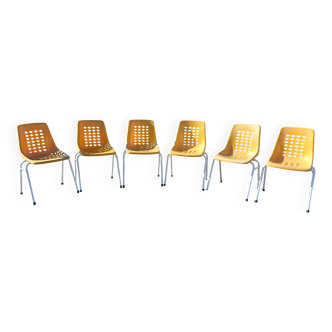 6 vintage iron and orange plastic garden chairs