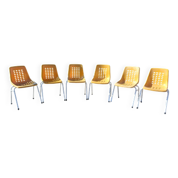 6 vintage iron and orange plastic garden chairs