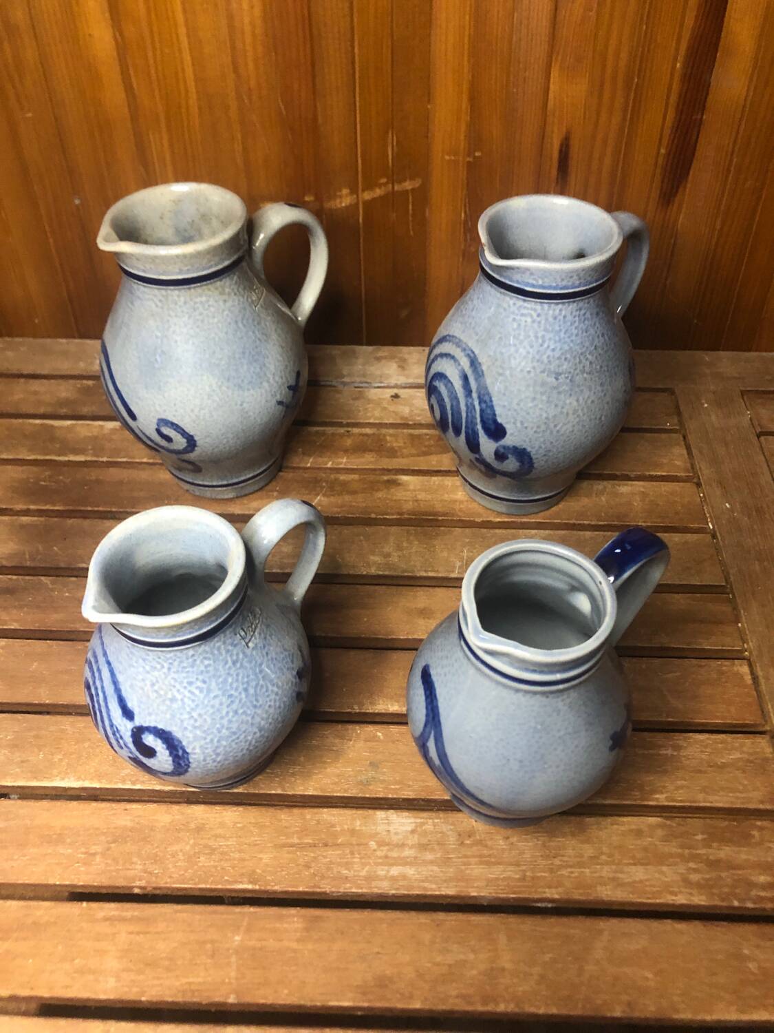 Set of 4 blue ceramic pitchers 25 & 50cl vintage