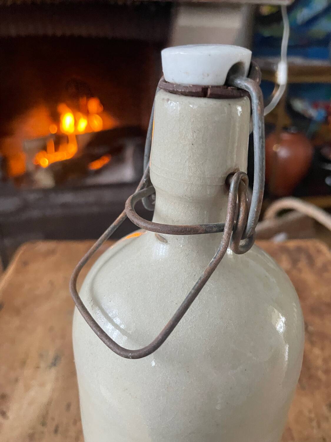 Bottle, hot water bottle, ceramic, old white, broken