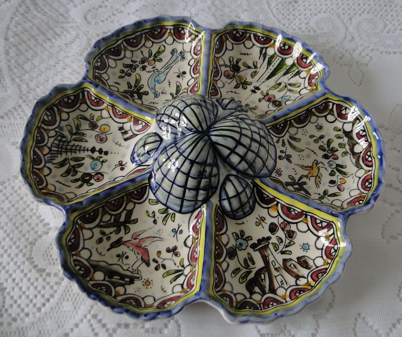 Hand painted ceramic serving display stand with 6 compartments