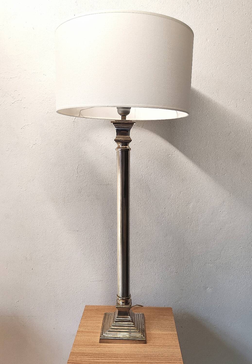 Large silver metal empire style column lamp