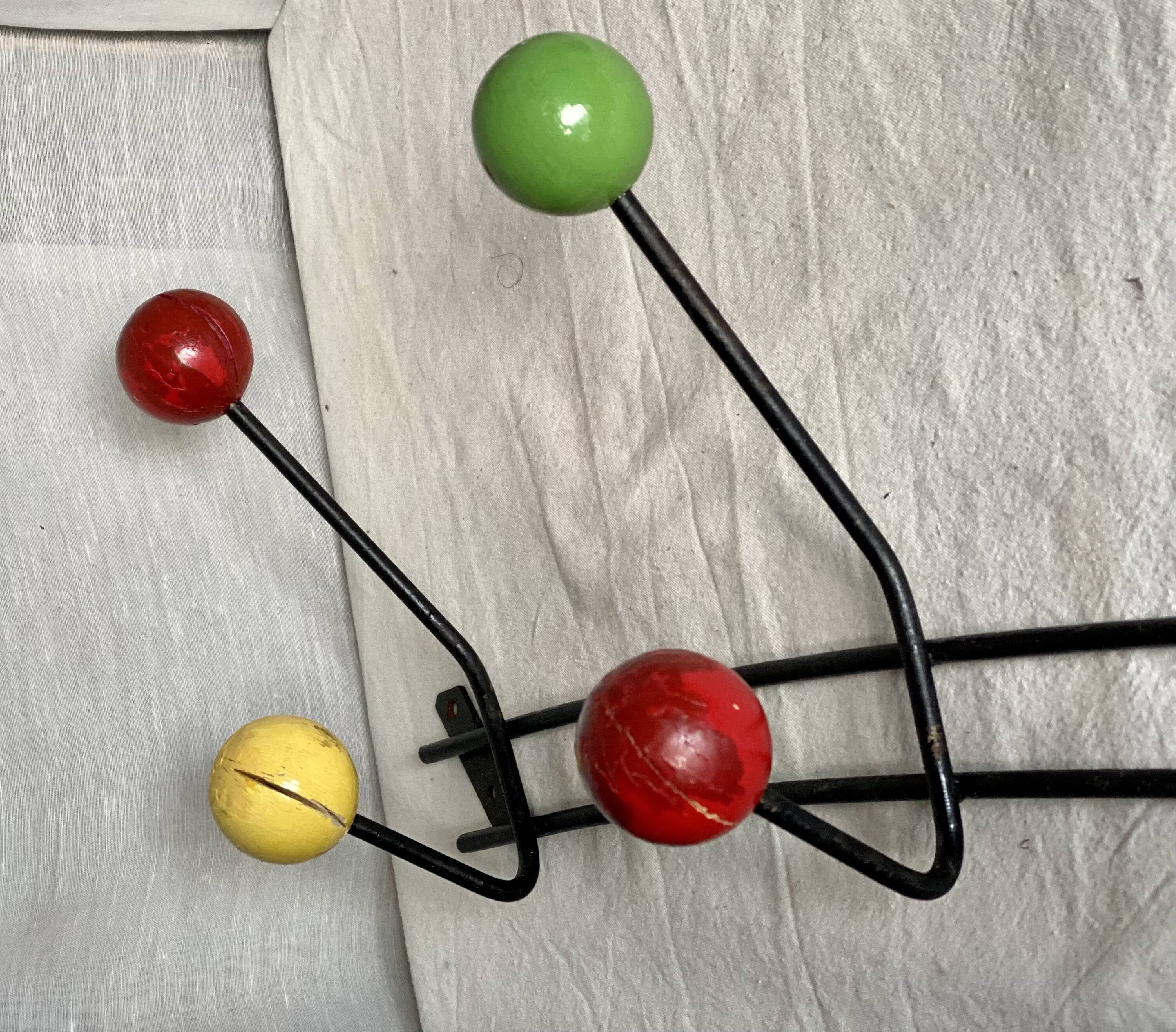 Wall-mounted coat rack ball and black metal vintage 1950s style Roger Féraud