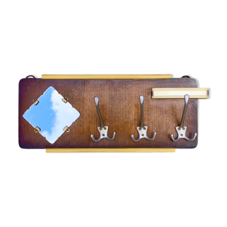 Art Deco wall-mounted coat rack with beveled mirror and 3 hooks