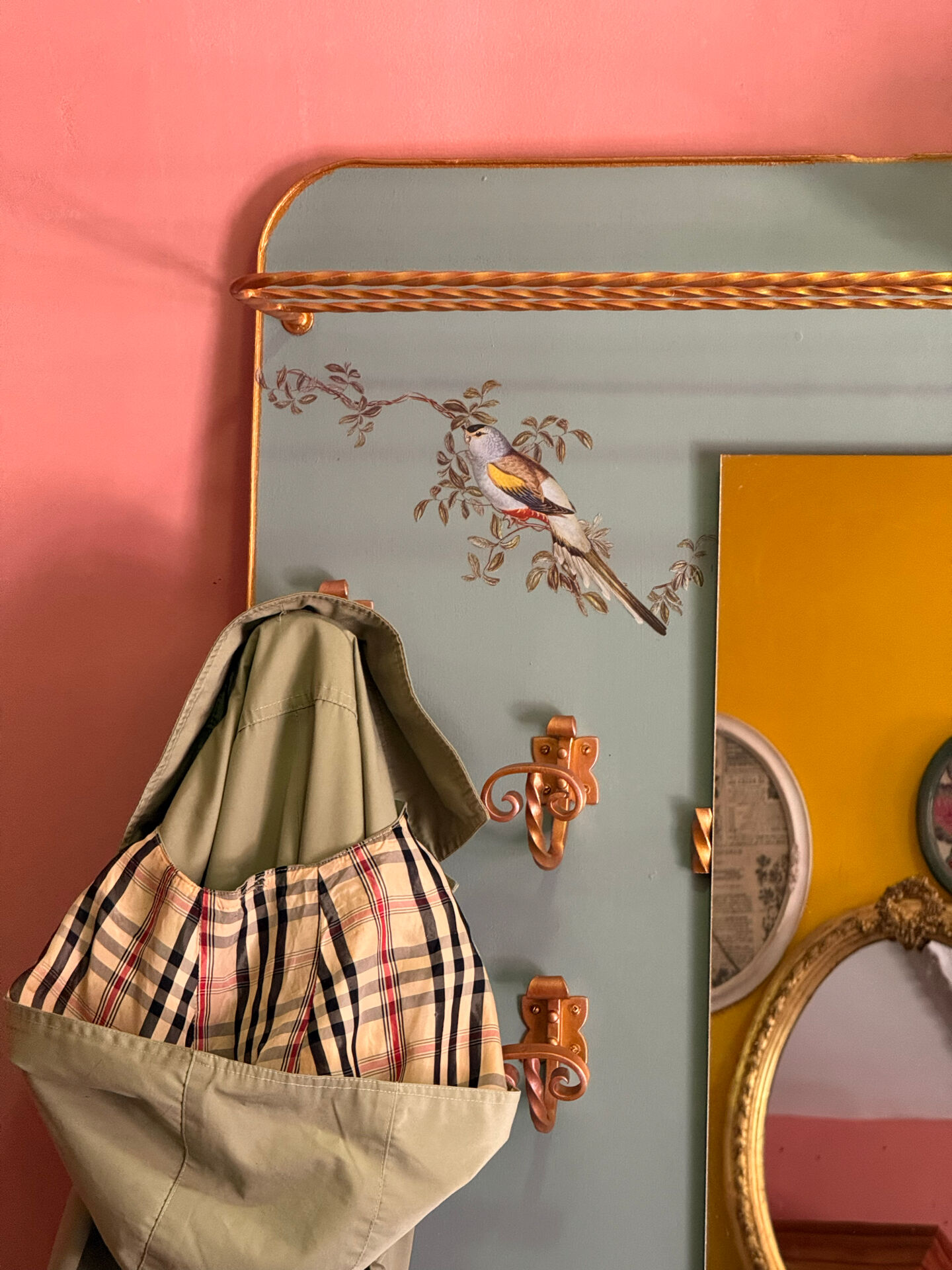 Large vintage entrance wardrobe, wall-mounted coat rack with mirror and p