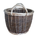 Very large round basket in two-tone braided wicker with handles
