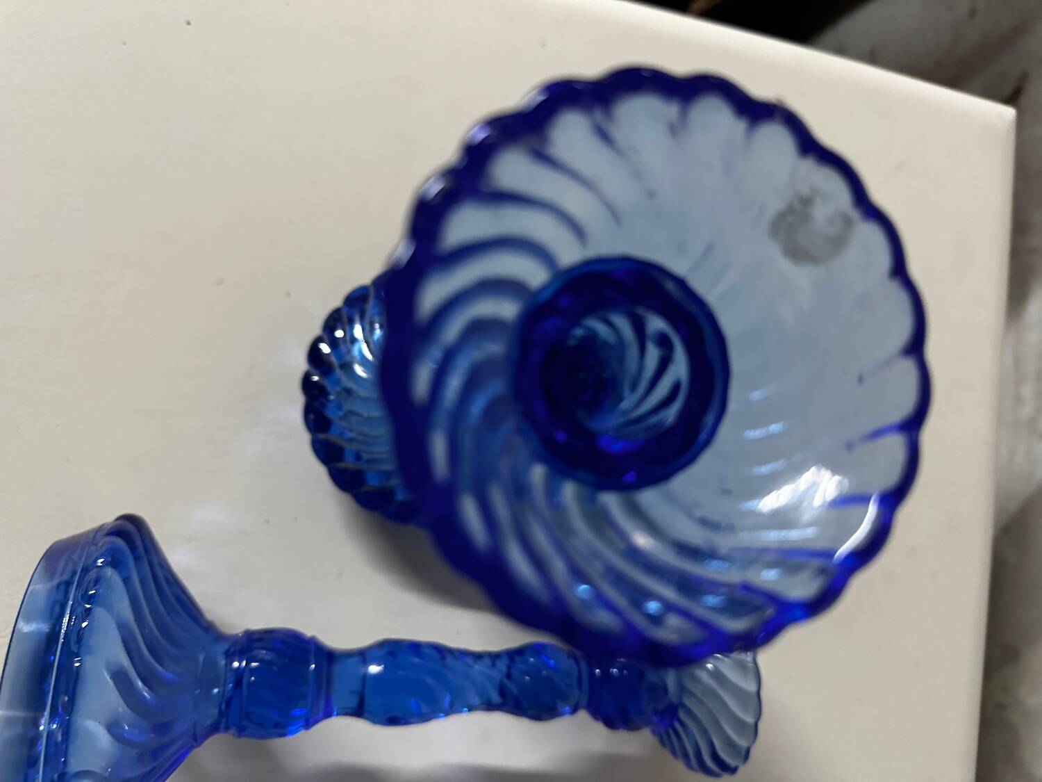 Pair of vintage cobalt blue twisted glass candlesticks h 24.5 cm