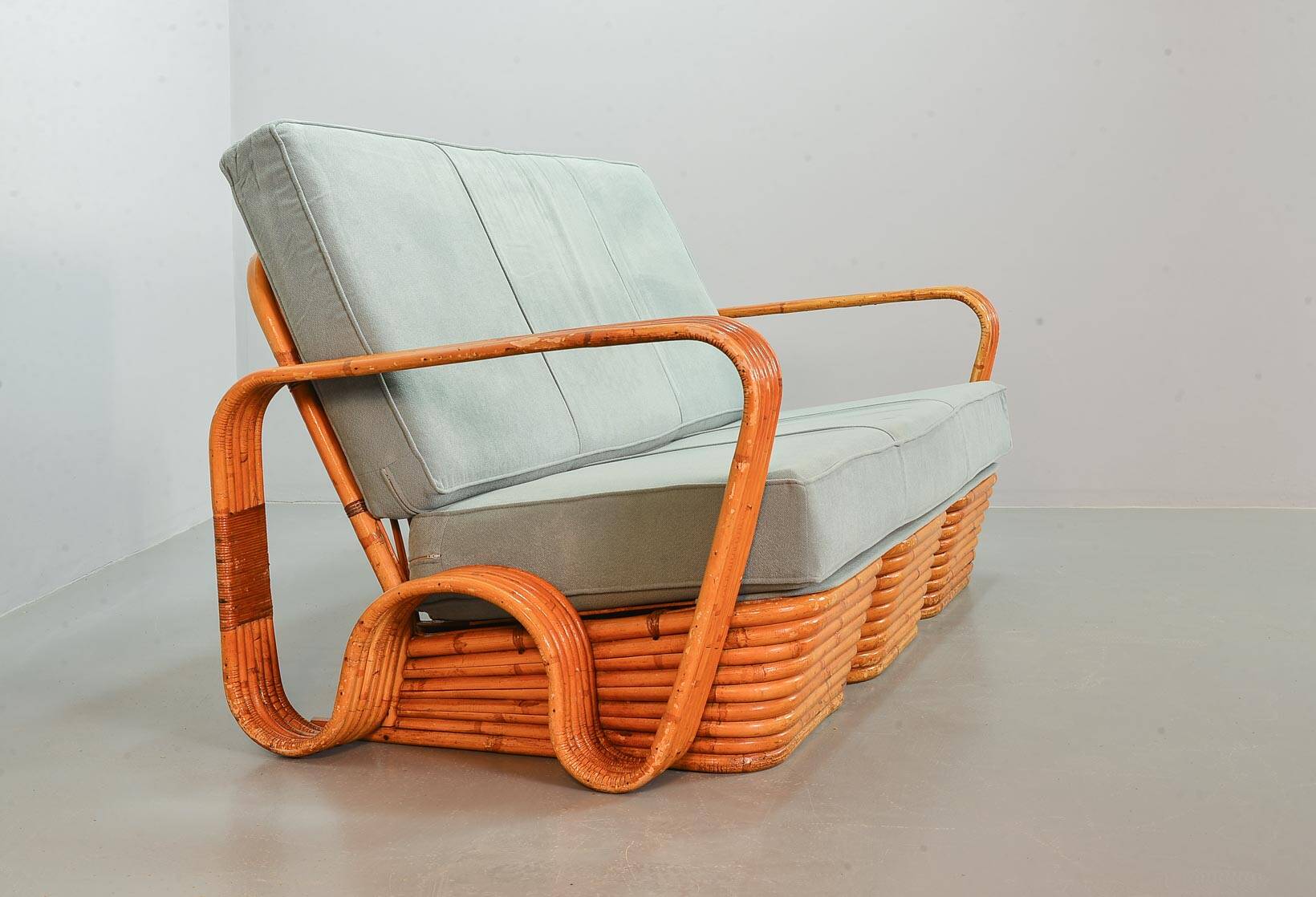 Exclusive Six Strand Rectangular Rattan 3-Seat Sofa after Paul Frankl, 50s