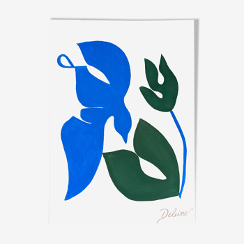 Peinture sur papier "Bird and flower (Blue and Green)" en édition limitée par Deleine