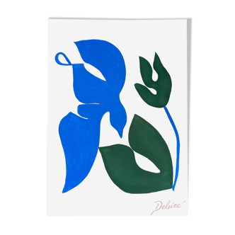 Peinture sur papier "Bird and flower (Blue and Green)" en édition limitée par Deleine
