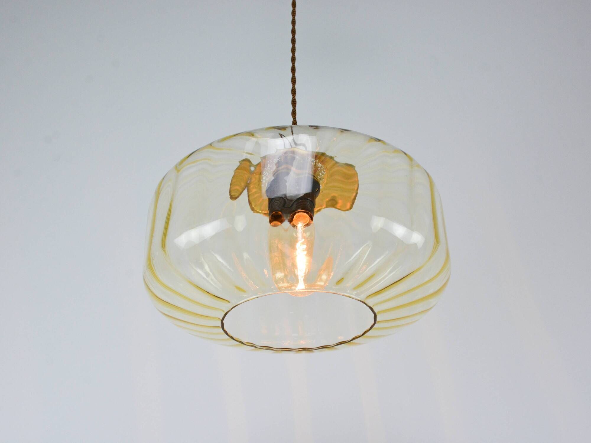 Vintage Light Beige Glass and Brass Pendant Lamp