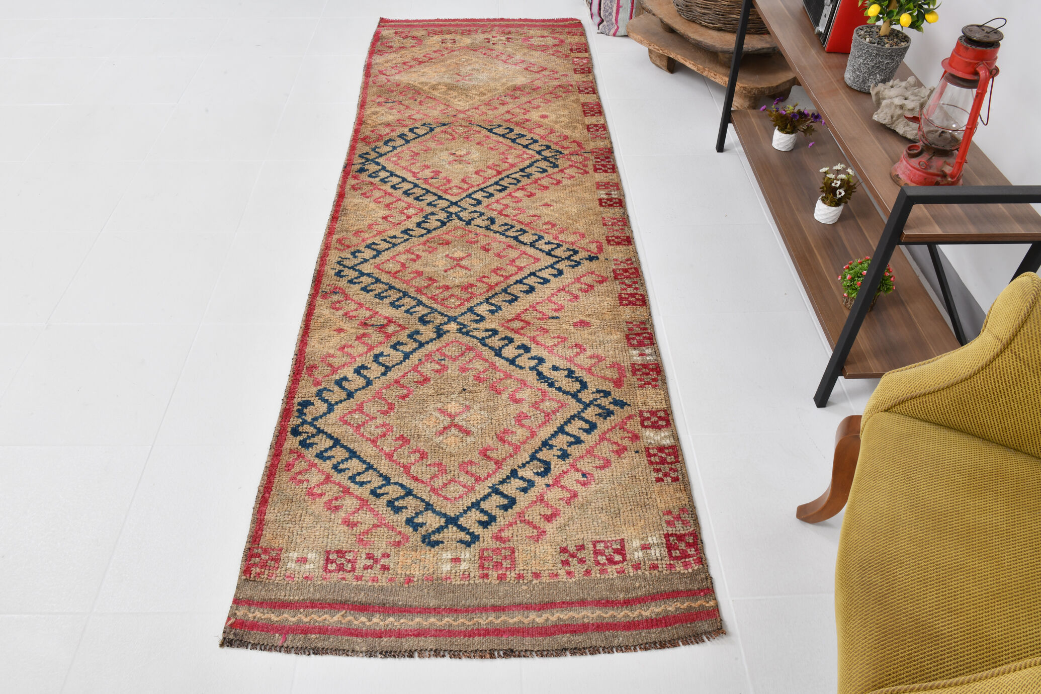 3x9 red & blue herki vintage runner rug 92x286cm