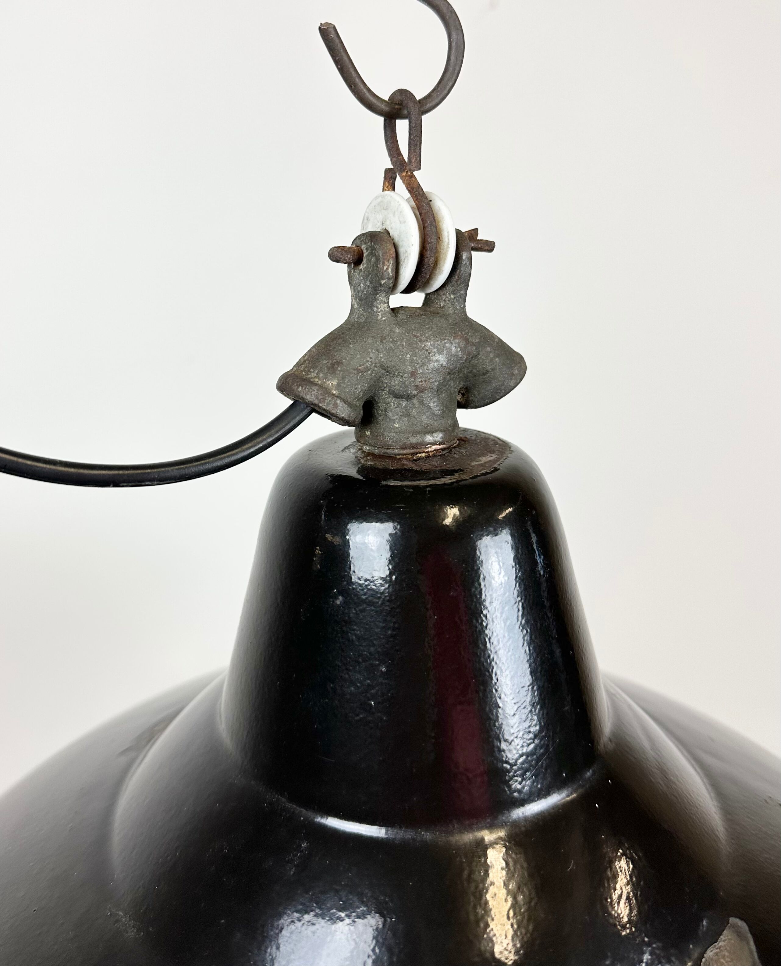 Industrial Black Enamel Factory Lamp with Cast Iron Top, 1950s