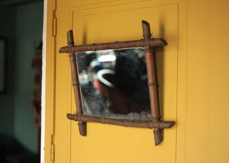 Wooden bamboo imitation mirror, antique mirror, hanging mirror, interior decor, mirror