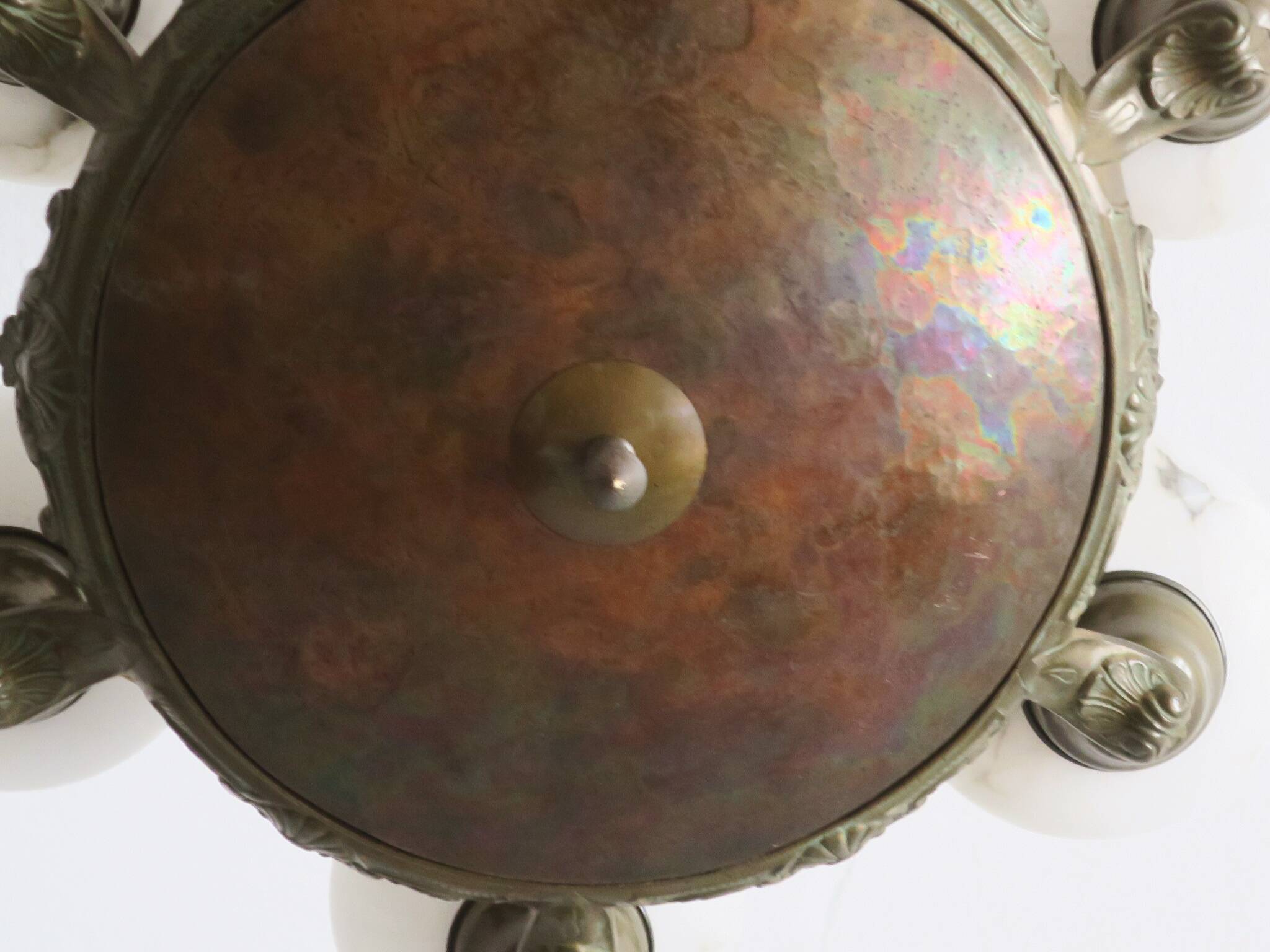 Antique bronze and alabaster 6-light chandelier, 1910