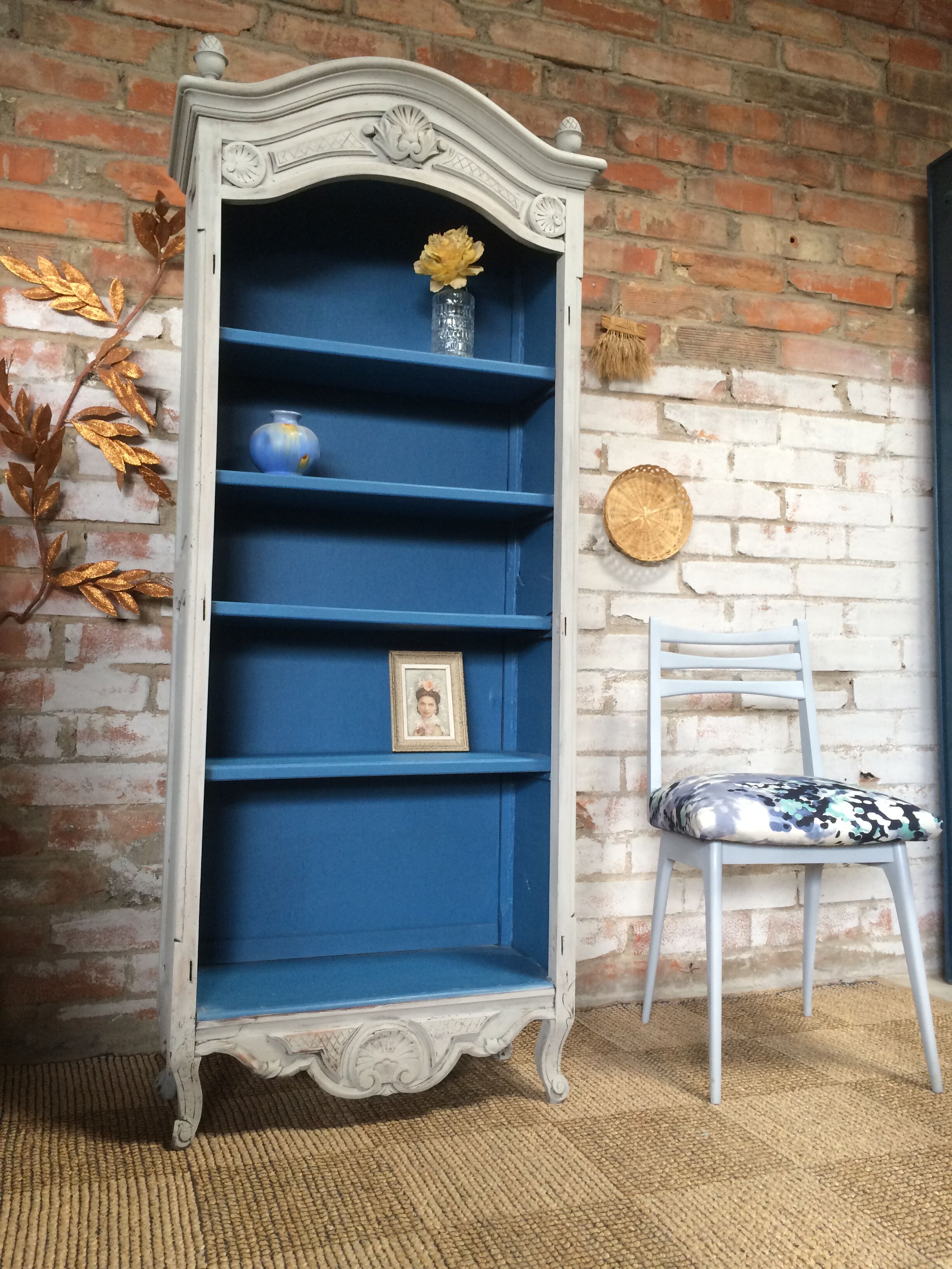 Old bookcase gray & blue wood mouldings