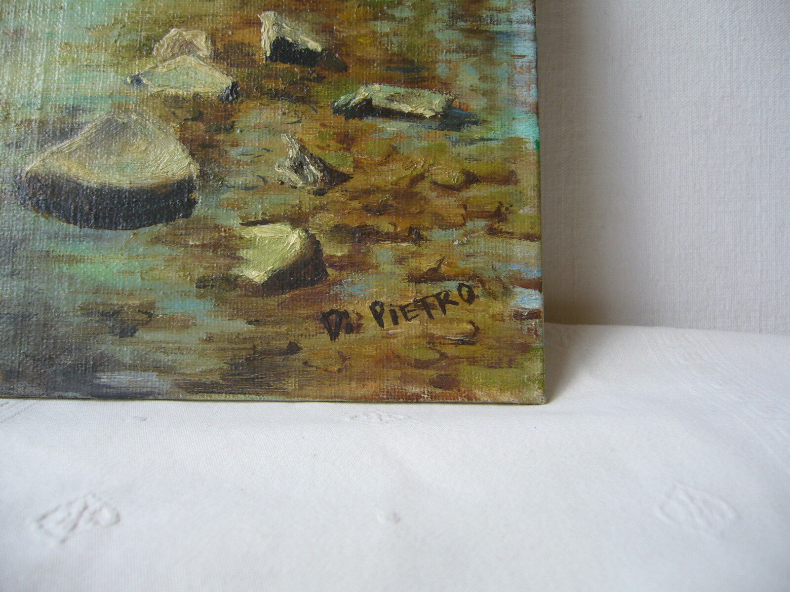 Old oil painting on cardboard signed
