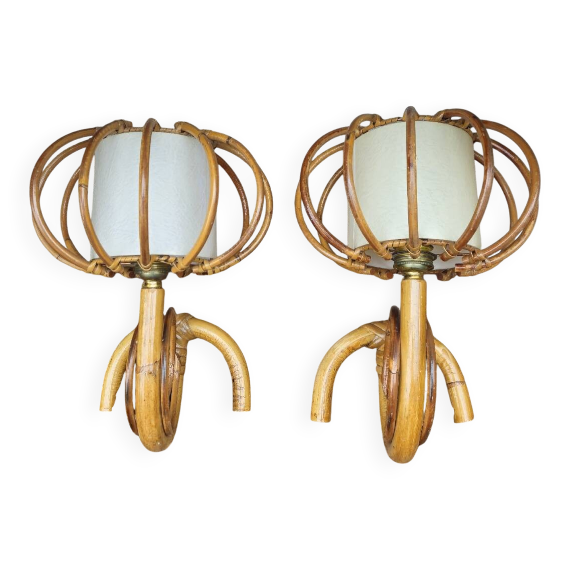 Pair of rattan wall lights by Louis Sognot 1950