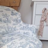 Fauteuil crapaud toile de Jouy bleu