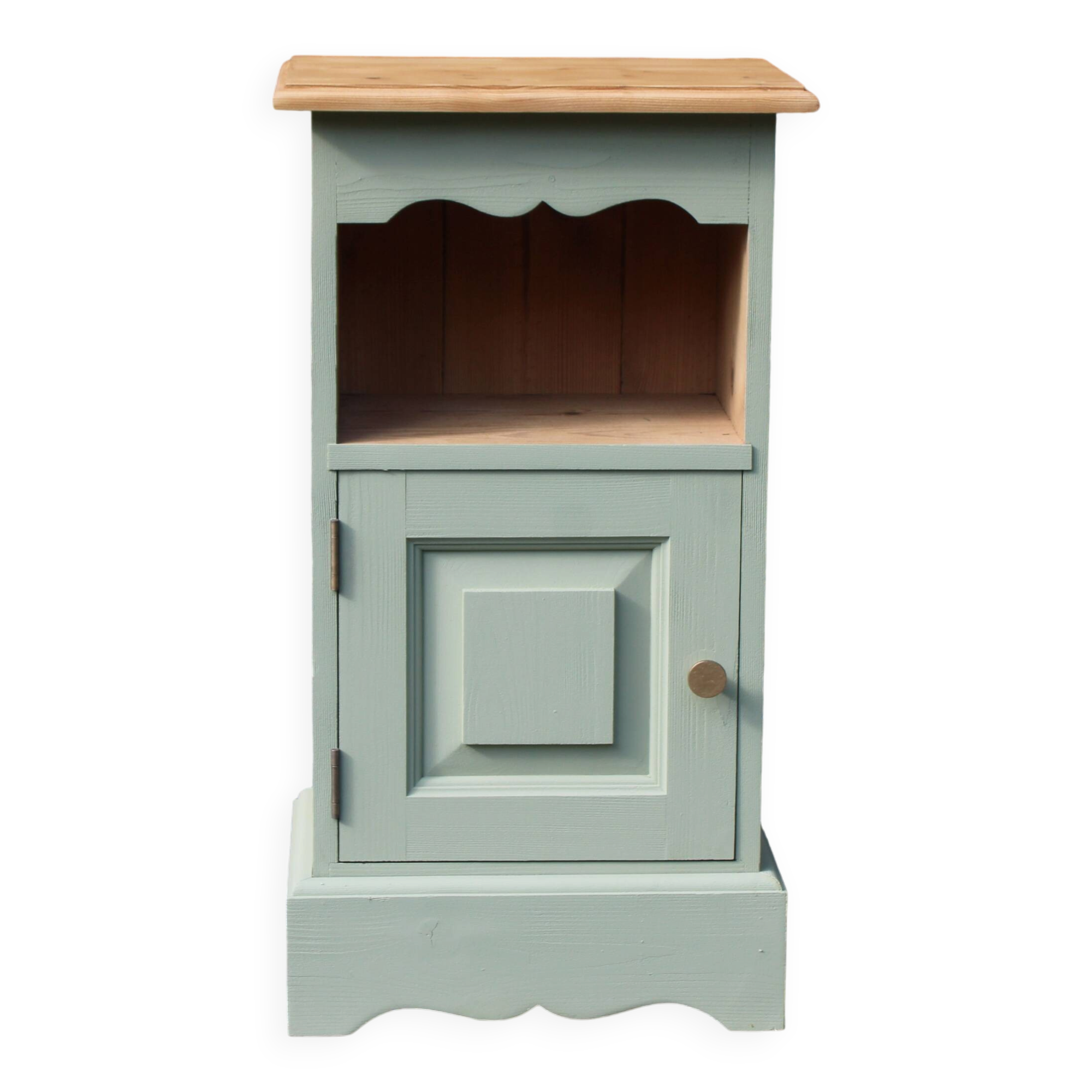 Chevet vintage en pin rénové – Vert Lézard Pure & Paint – Plateau bois natu