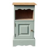 Vintage bedside table in renovated pine – Lizard Green Pure & Paint – Natural wood top