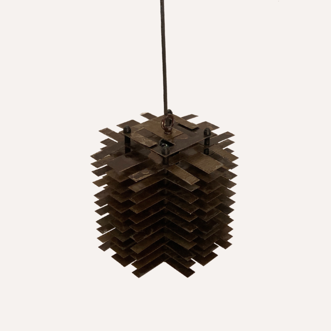 Pair modernist brutalist copper metal architectural hanging lamps, France